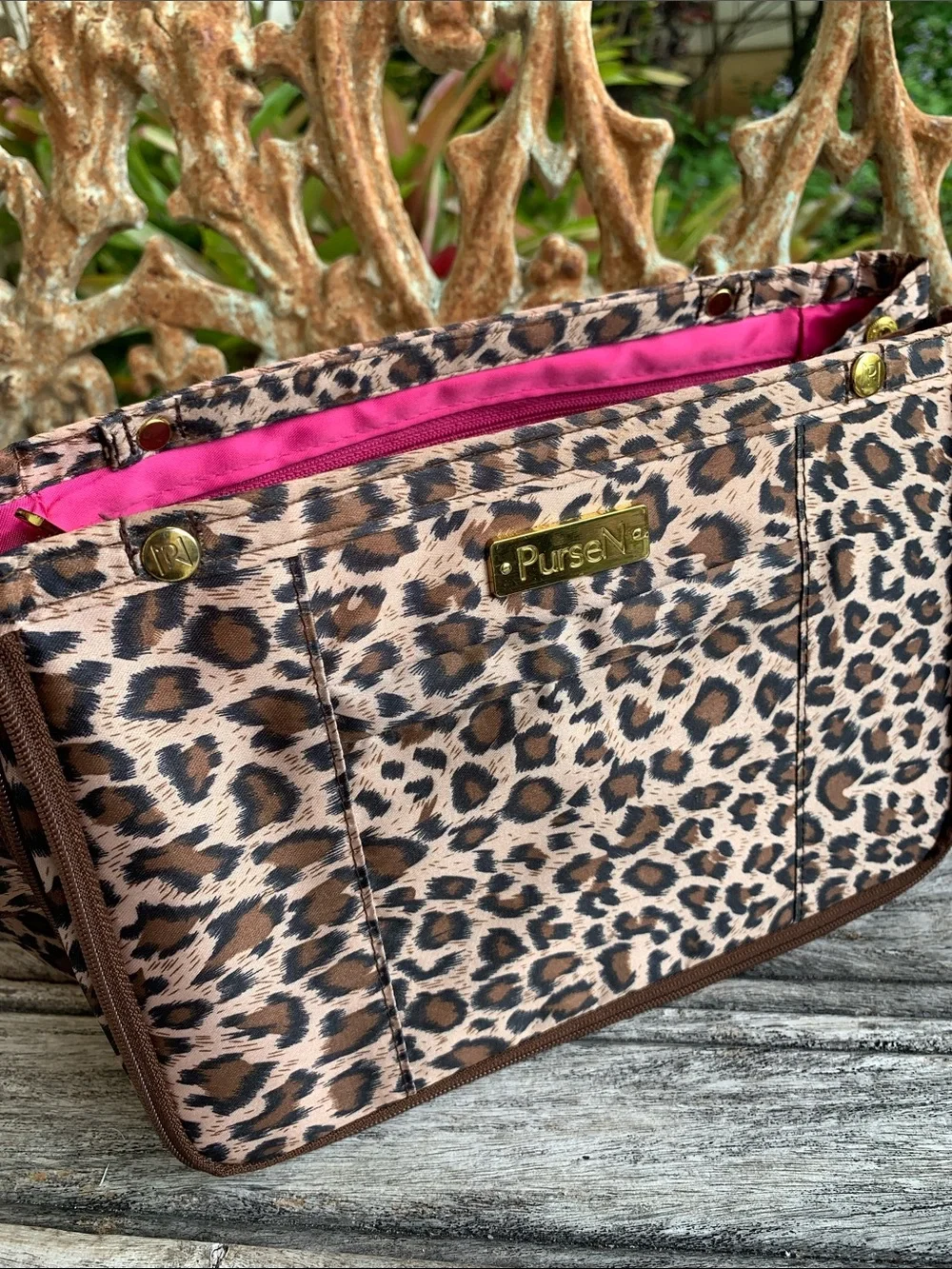 PurseN Leopard Print Cosmetic Organizer in Brown and Black with Gold Accents